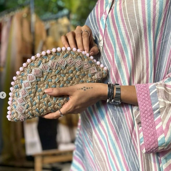 Naked Jute with Bugle Beads Half Moon Clutch