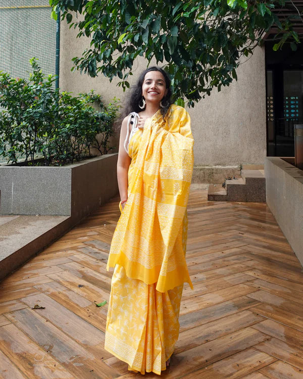 Dandelions in the Sky - Hand Block Print Mulmul Cotton Bagru Saree