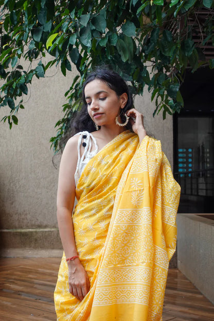 Dandelions in the Sky - Hand Block Print Mulmul Cotton Bagru Saree