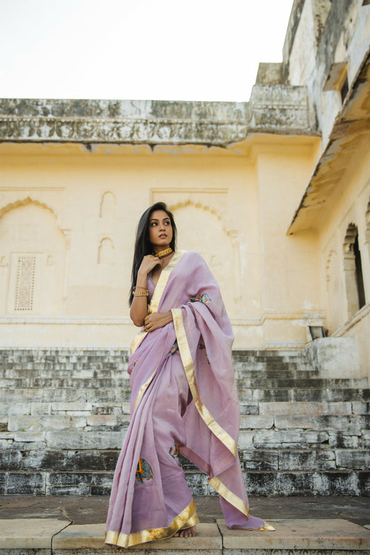 Meera Tissue Light Purple Handpainted And Handembellished Saree