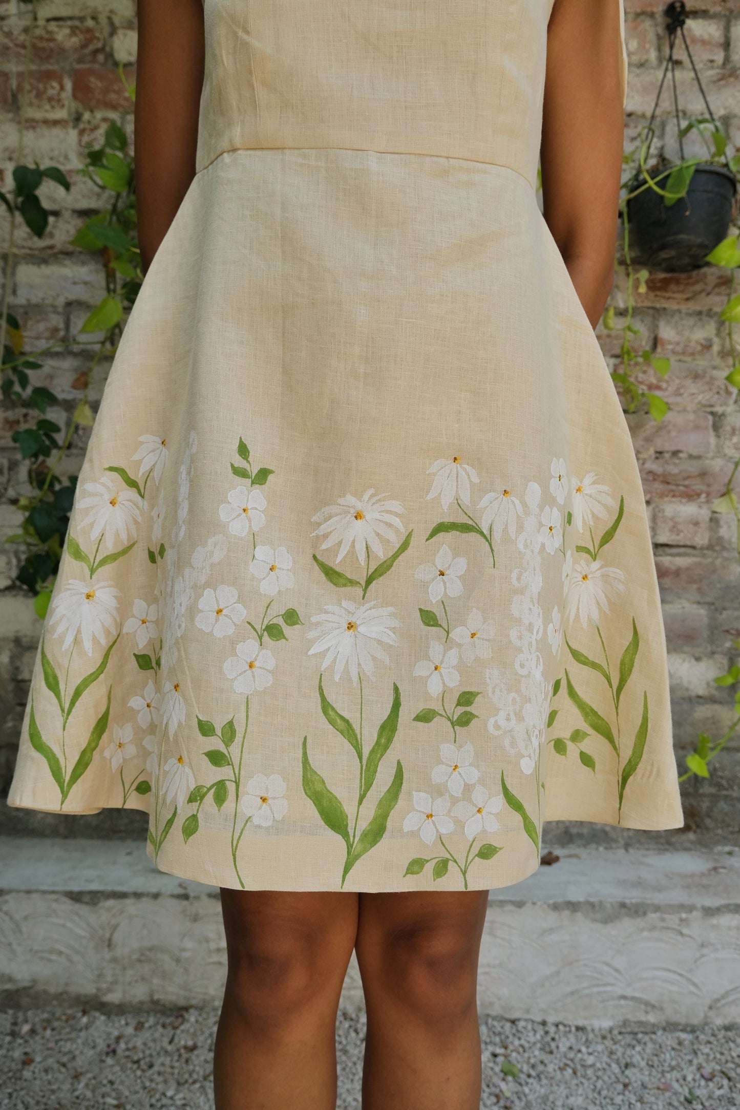 Gardenia Hand-painted Linen A-line Dress in Beige