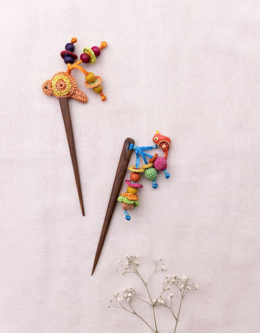 Multicoloured Tasseled Bird Hair Stick (Pair)