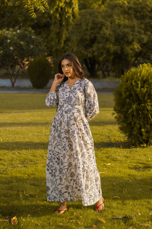 Gulbahar White Cotton Hand Block Print Maxi Dress