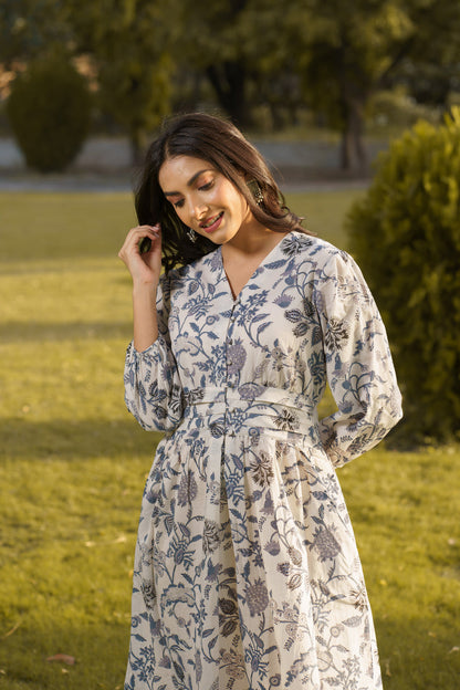 Gulbahar White Cotton Hand Block Print Maxi Dress