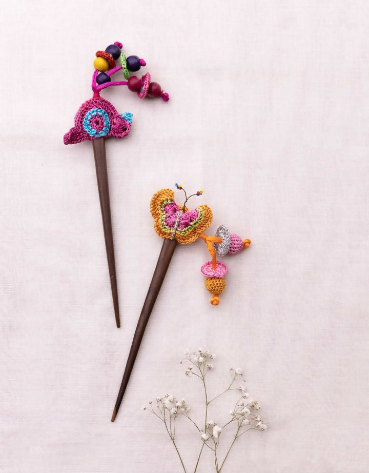 Multicoloured Bird And Flower Hair Stick (Pair) ~ Pink