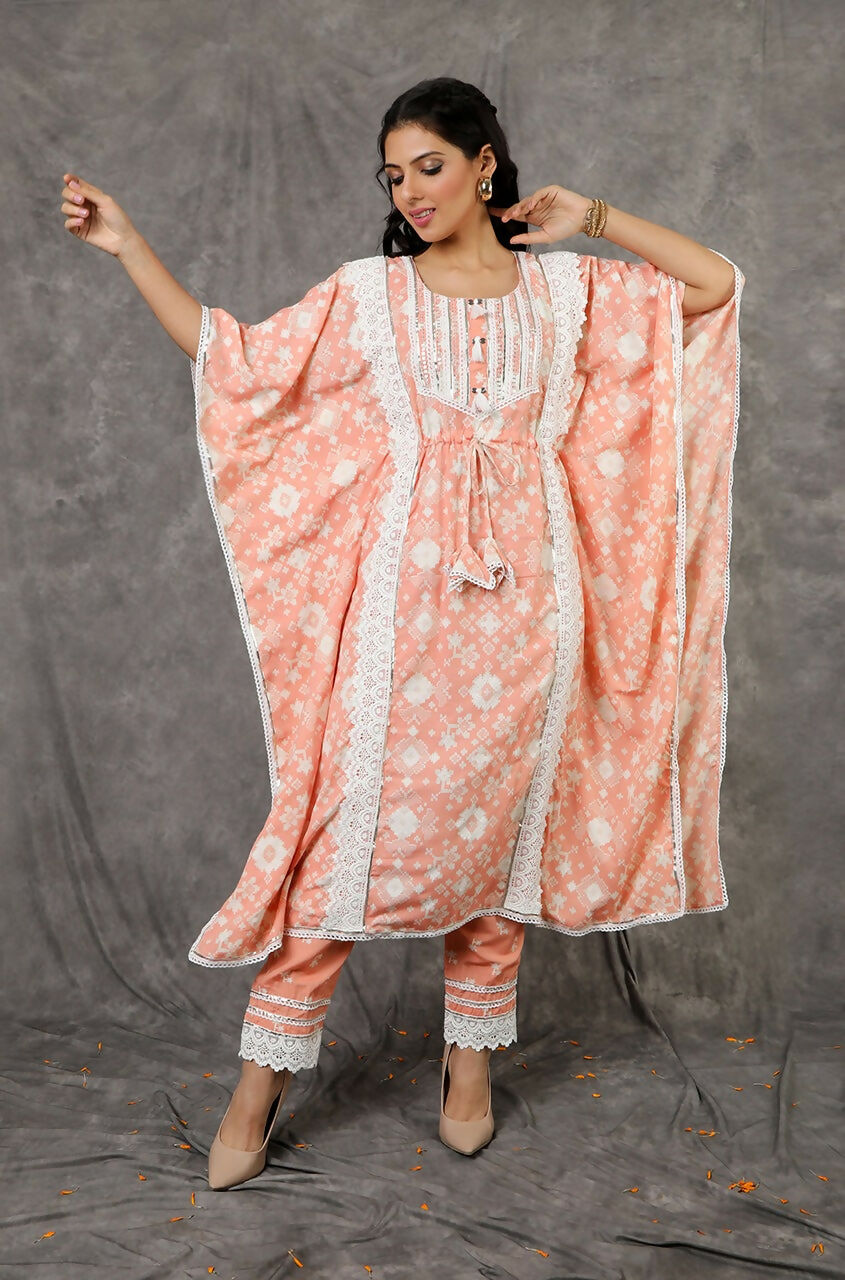 Yellow/Peach Long Kaftan Set with Embroidered Pants