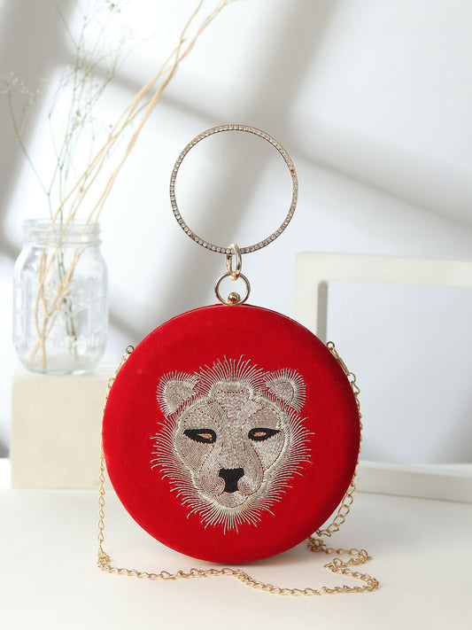 Scarlet Tiger Round Velvet Clutch