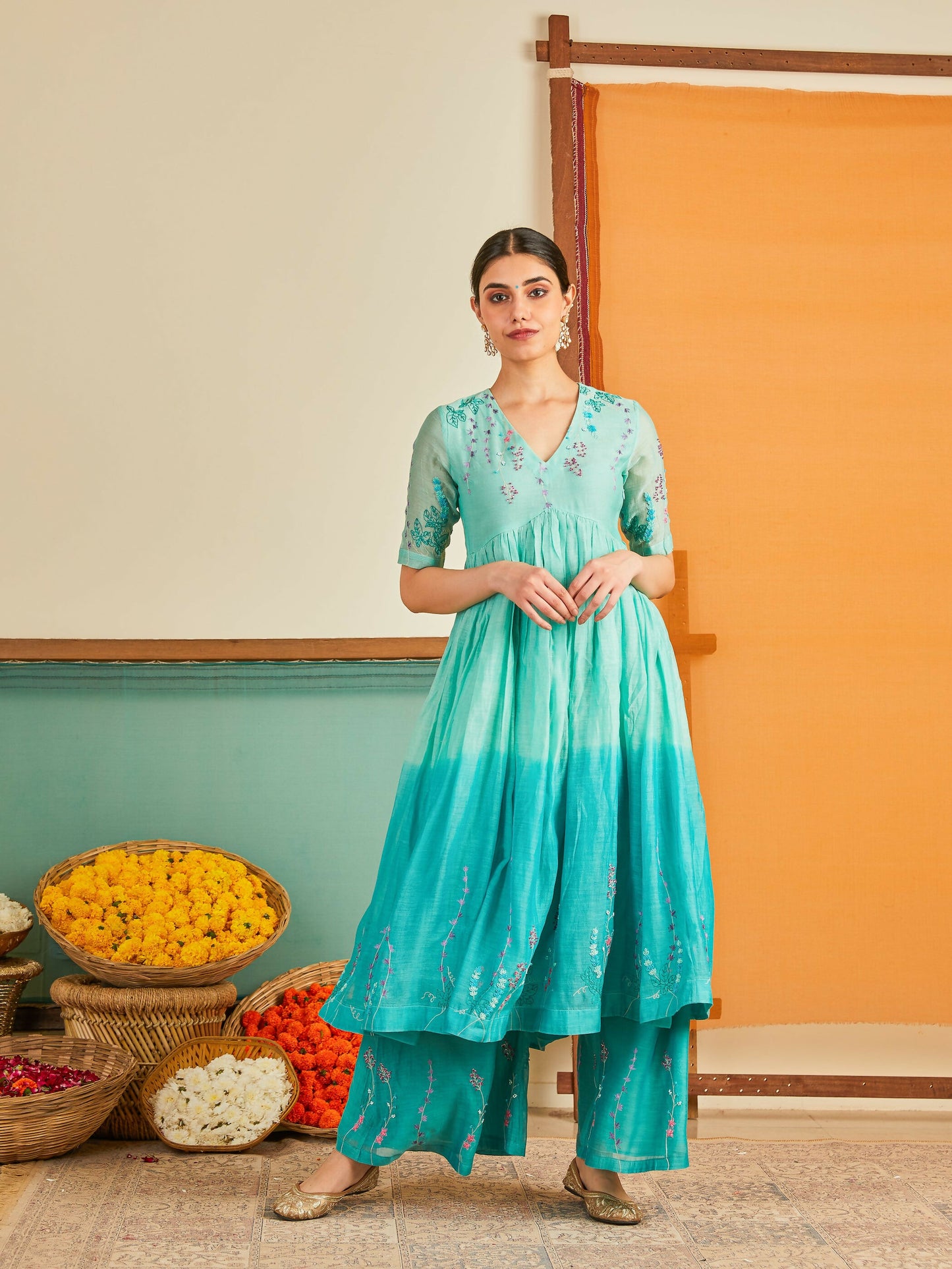 Aabiya  Blue Ombre Chanderi Kurta Set