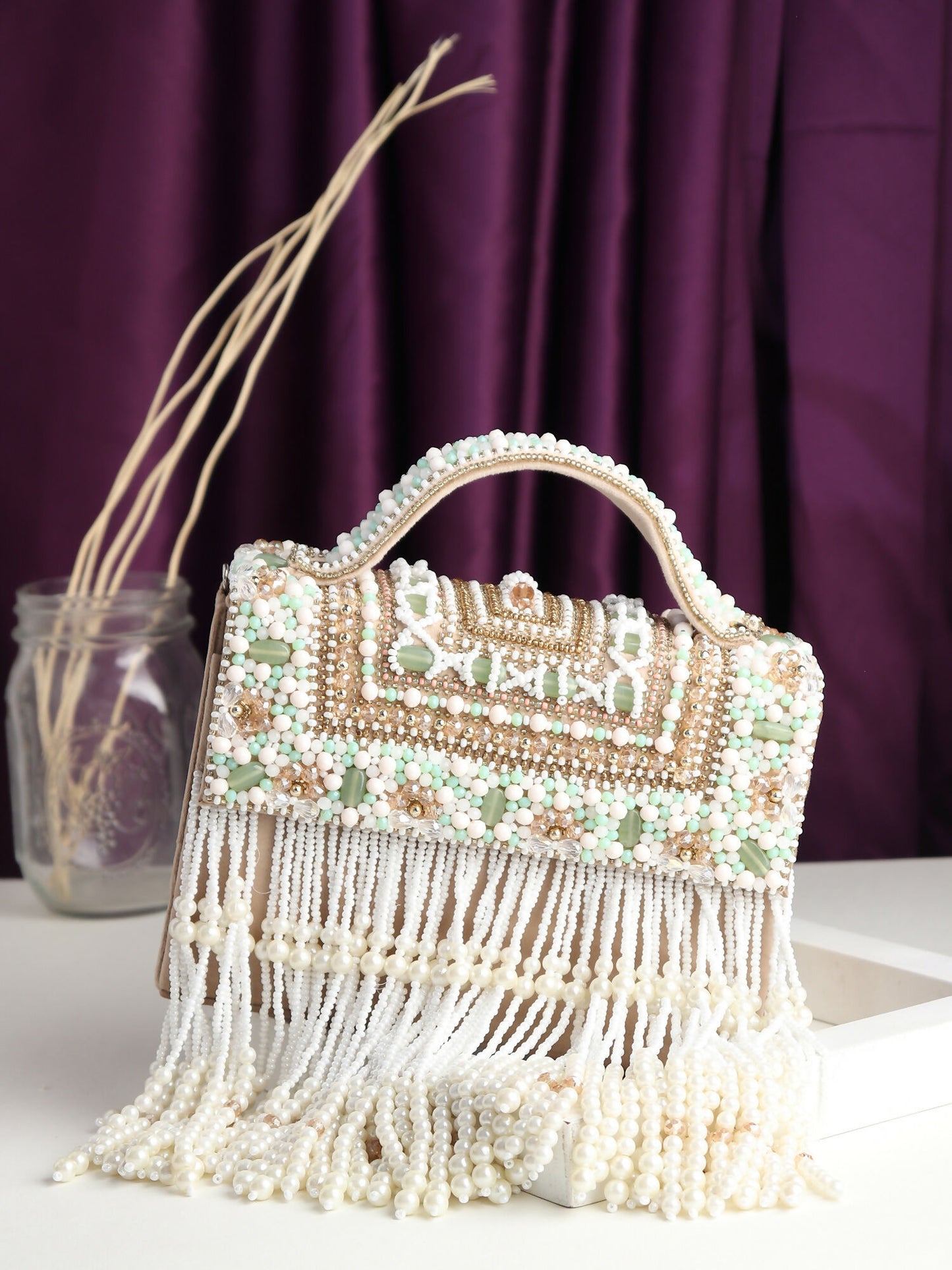 Pearl Tassel Beaded Box Clutch