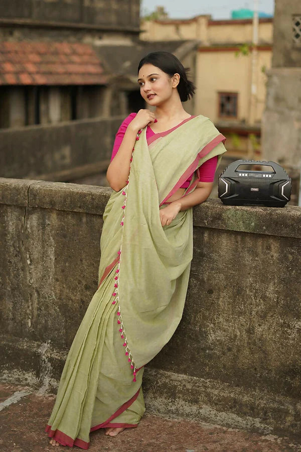 Pink Border Handwoven Mulmul Cotton Saree