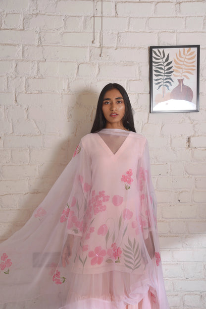 Handpainted Kyari Georgette Sharara Set in Blush