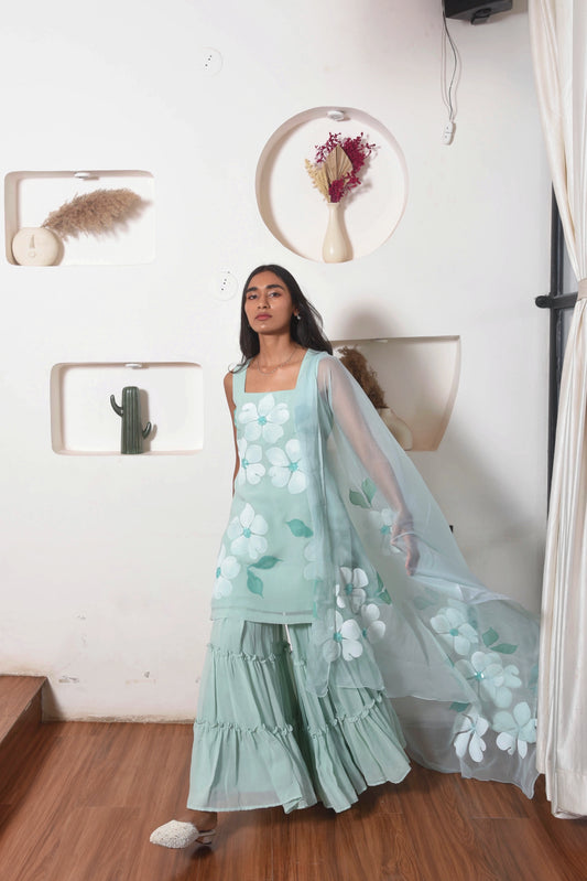 Handpainted Flora Georgette Sharara Set in Teal