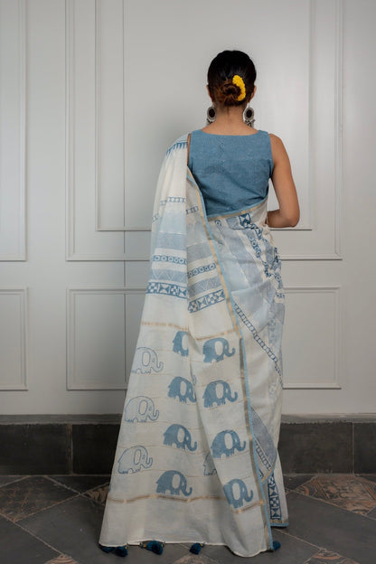 Indigo Elephants - Chanderi Saree