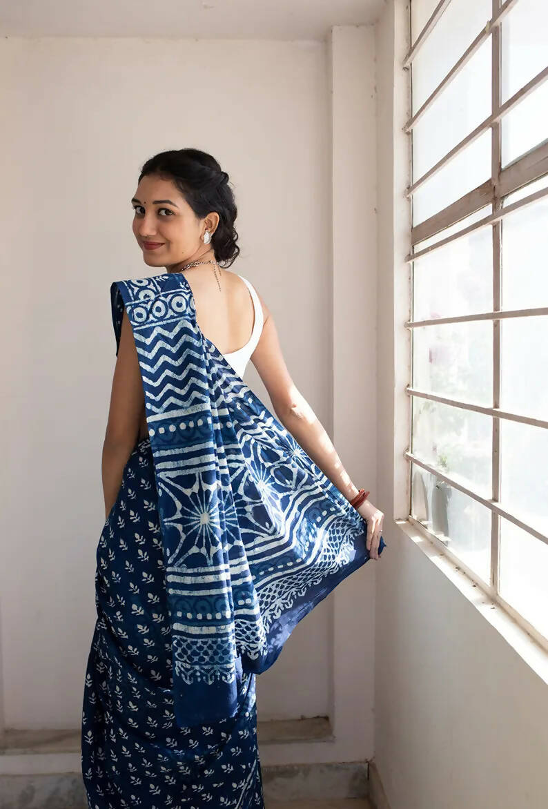 Bombay Indigo - Dabu Hand Block Print Mulmul Cotton Bagru Saree