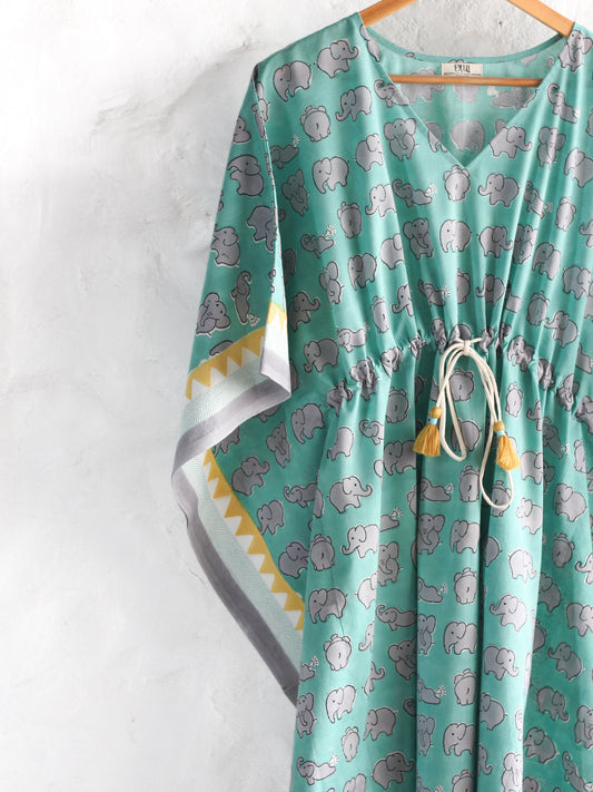 Kaftan Elephants In Mint & Grey