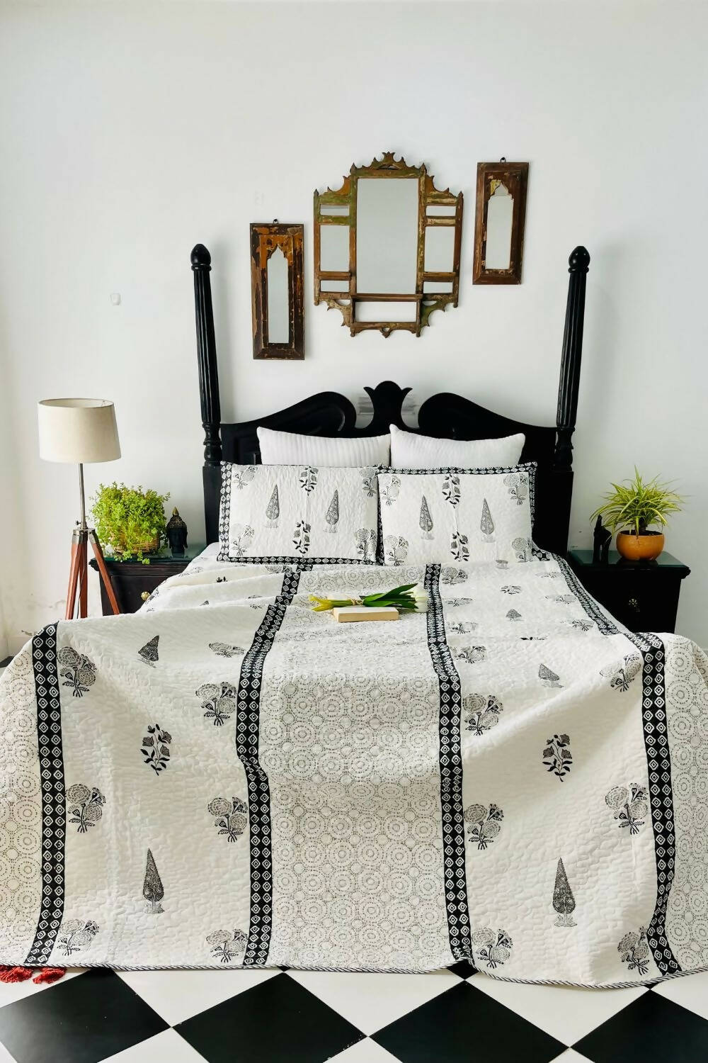 Black Cyprus Handblock Printed Quilted Bedcover