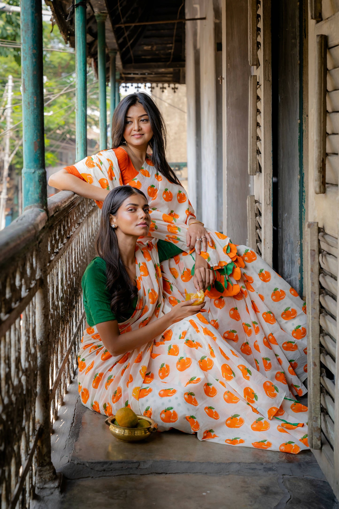 Orange White Printed Saree