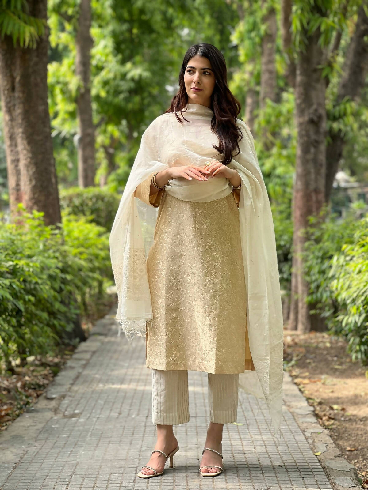 Beige Emroidered Chanderi Kurta Set