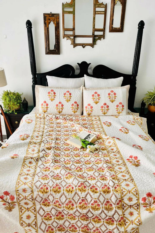 Gul Handblock Printed Quilted Bedcover