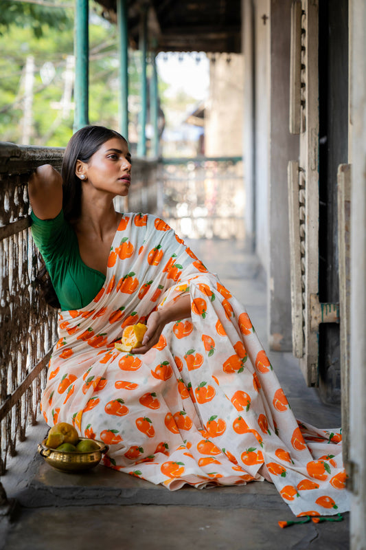 Orange White Printed Saree