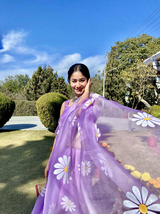 Lavender Daisy Handpainted Organza Saree