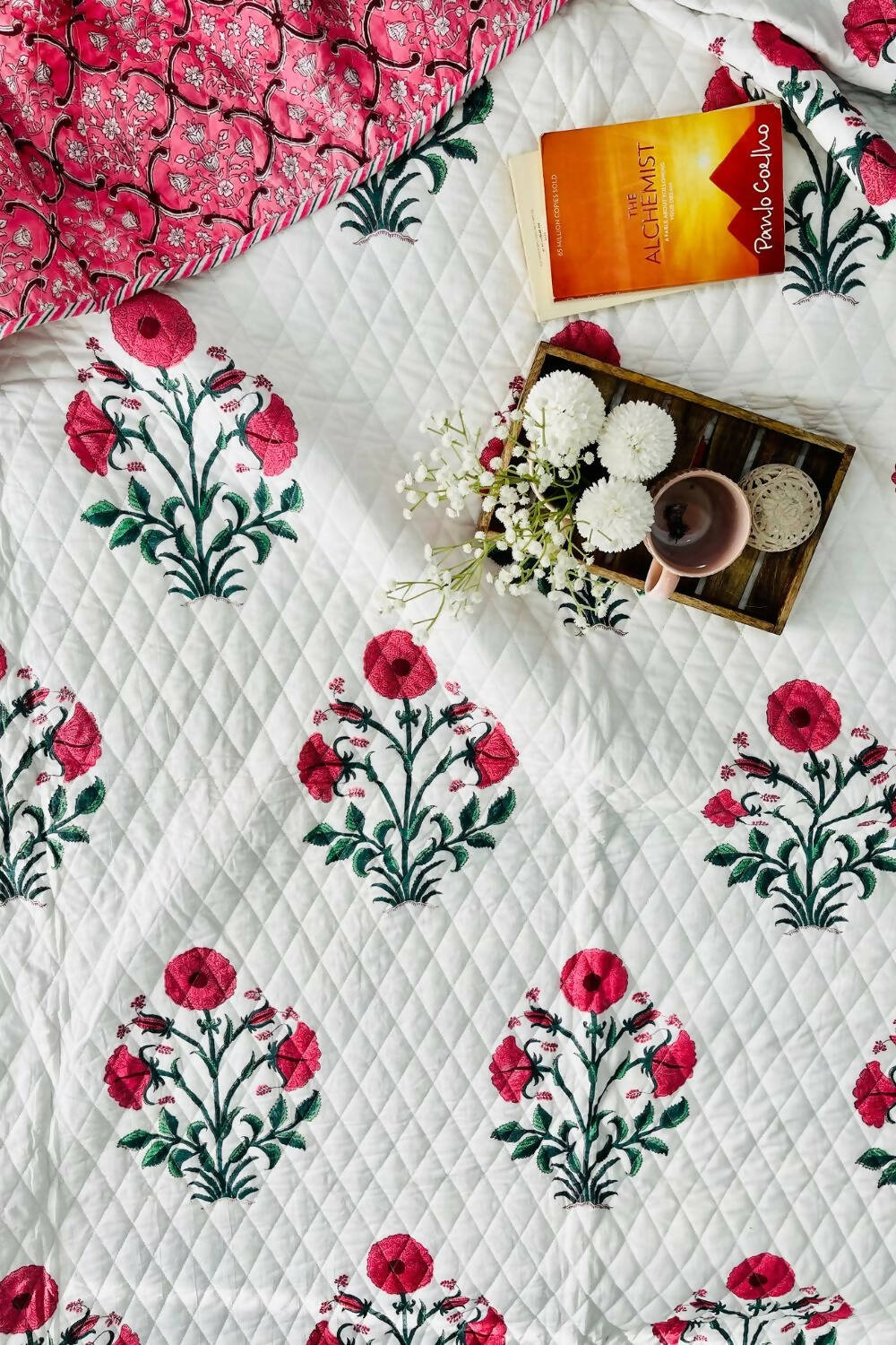 Pink Poppy Handblock Printed Reversible Quilted Bedcover