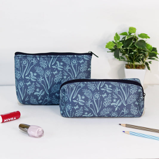 Navy Blue Floral Cosmetic Pouches - Set of 2