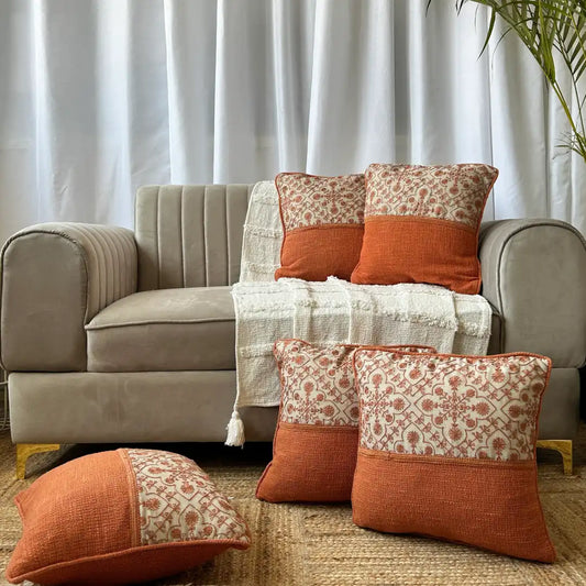 Embroidered Orange Cotton Cushion Cover