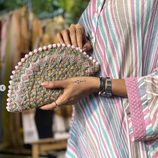 Misty Pink Grey Half Moon Bugle Beads Embroidered Clutch