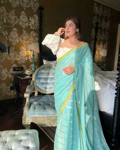 Sea Blue Tohfa Silver Gota Border Saree