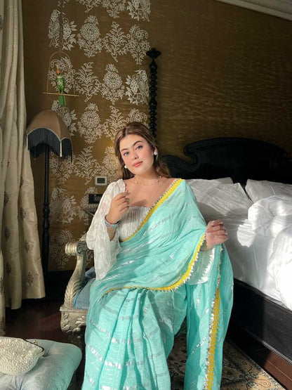 Sea Blue Tohfa Silver Gota Border Saree