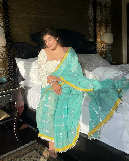 Sea Blue Tohfa Silver Gota Border Saree