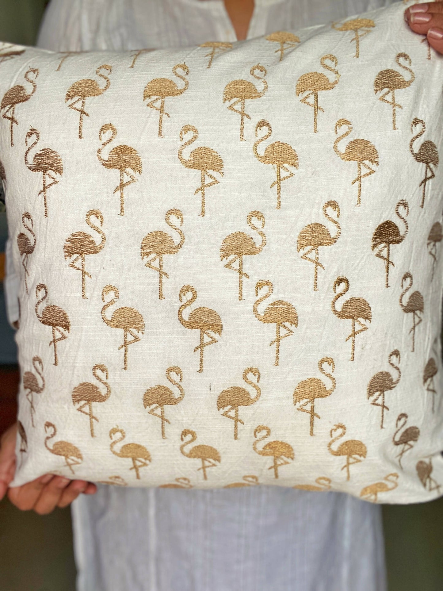 Flamingo Cushion Cover Ivory with Gold Embroidery