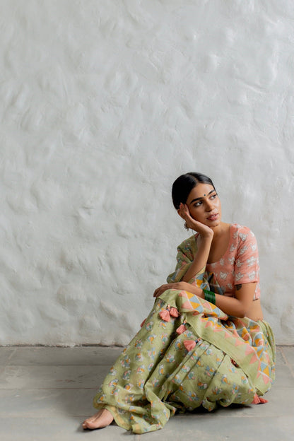 Pastel Birdies in Pistachio Green Chanderi Saree