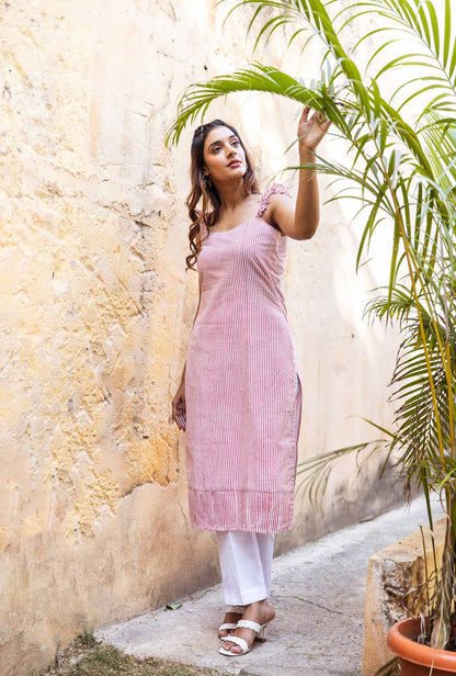 Ruffled Shoulder Striped Kurta Set