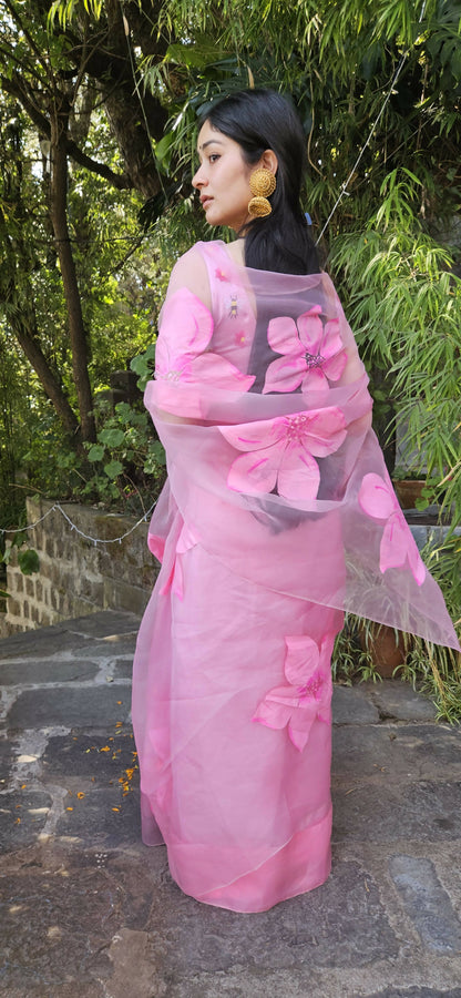 Jasmine Hand Painted Pink Saree