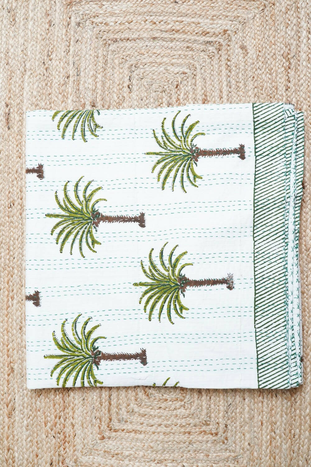 Palm Tree Block Printed Kantha Bedcover