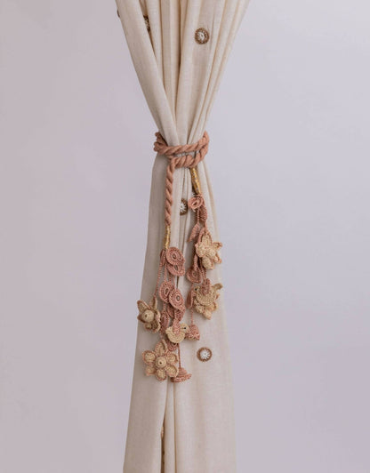 Crochet Curtain Tie Backs Set Kono Beige Flowers & Birds