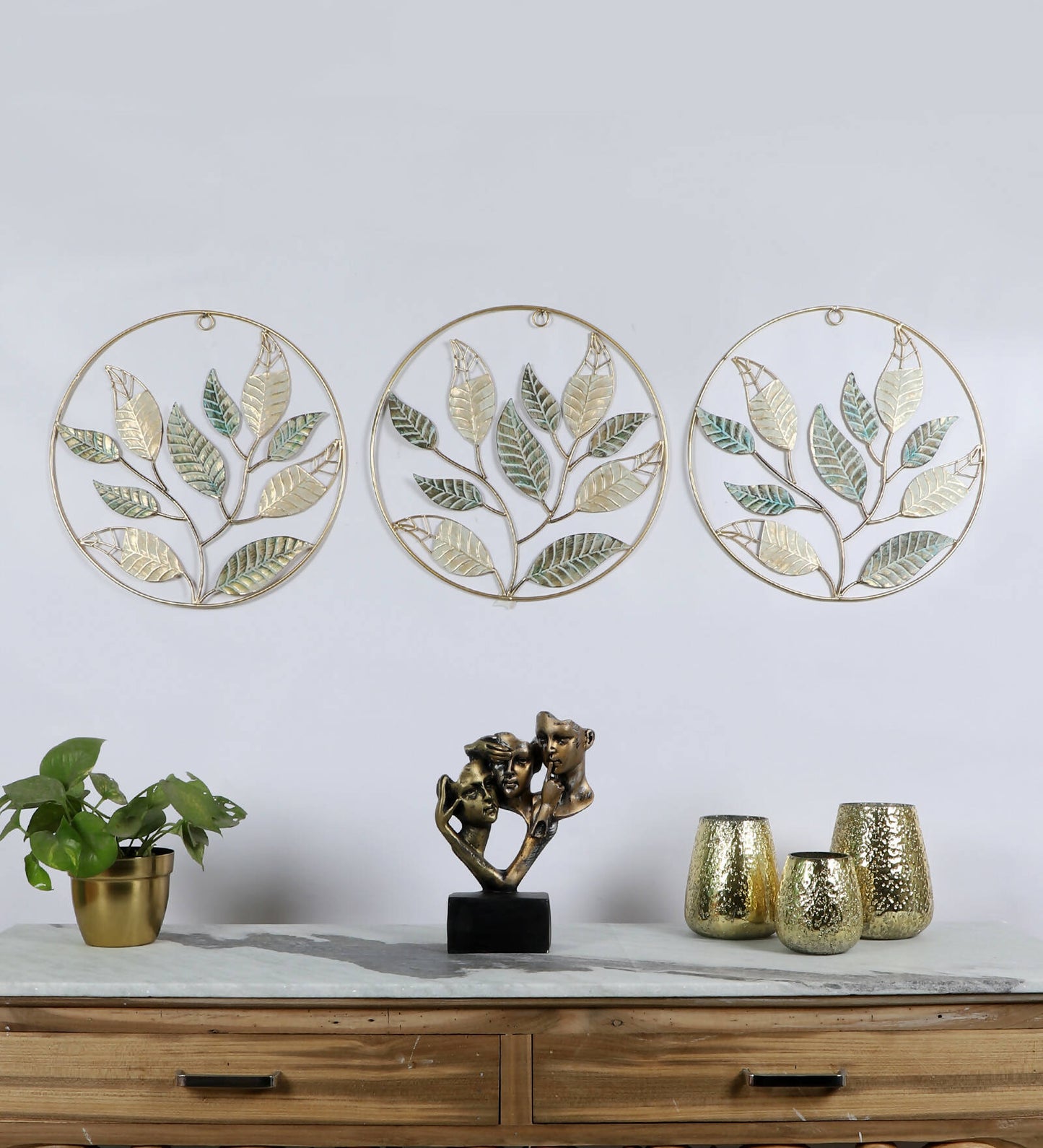 Green & Gold Mango Leaves Wall Decor Set of 3