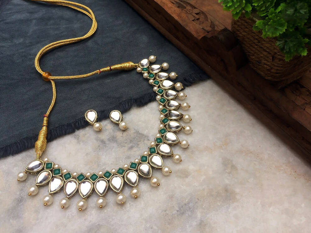 Kundan Pearl and Green Stone Drop Necklace Set