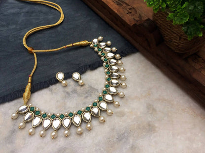 Kundan Pearl and Green Stone Drop Necklace Set