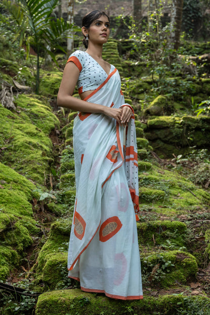 Popai Mul Cotton Orange Printed Saree