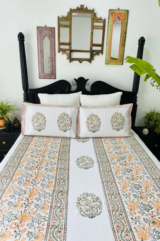 Magnolia Hand Block Printed Cotton Bedsheet - Queen Size