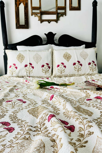 Rose Lily Handblock Printed Jacquard Bedcover