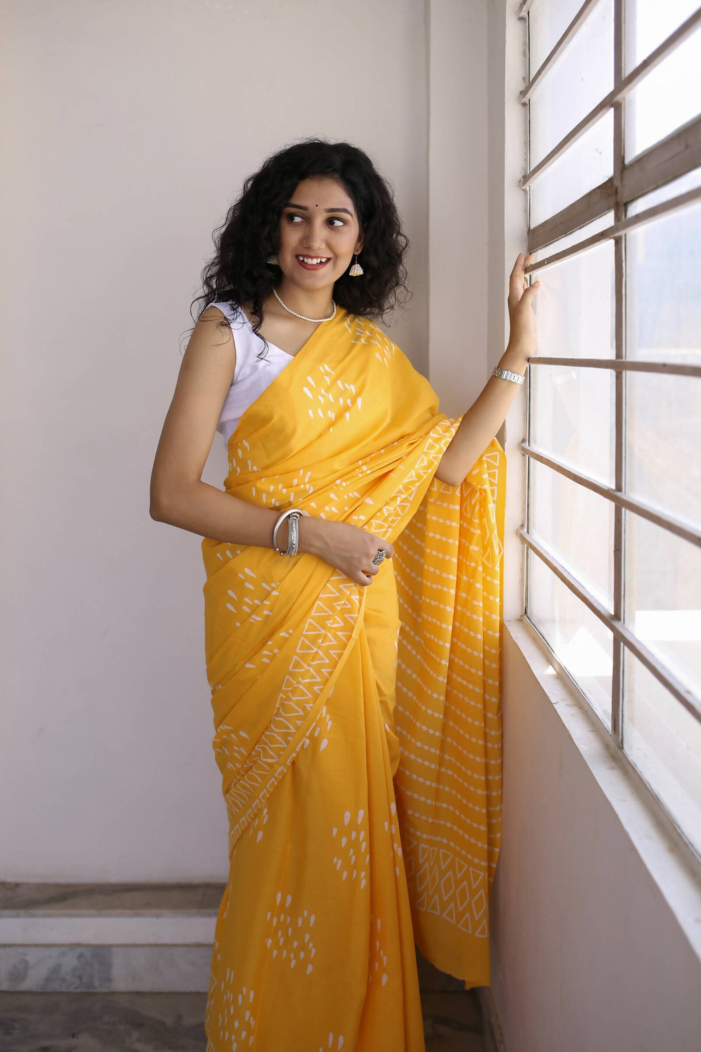 Drizzle in Backyard - Hand Block Print Mulmul Cotton Bagru Saree