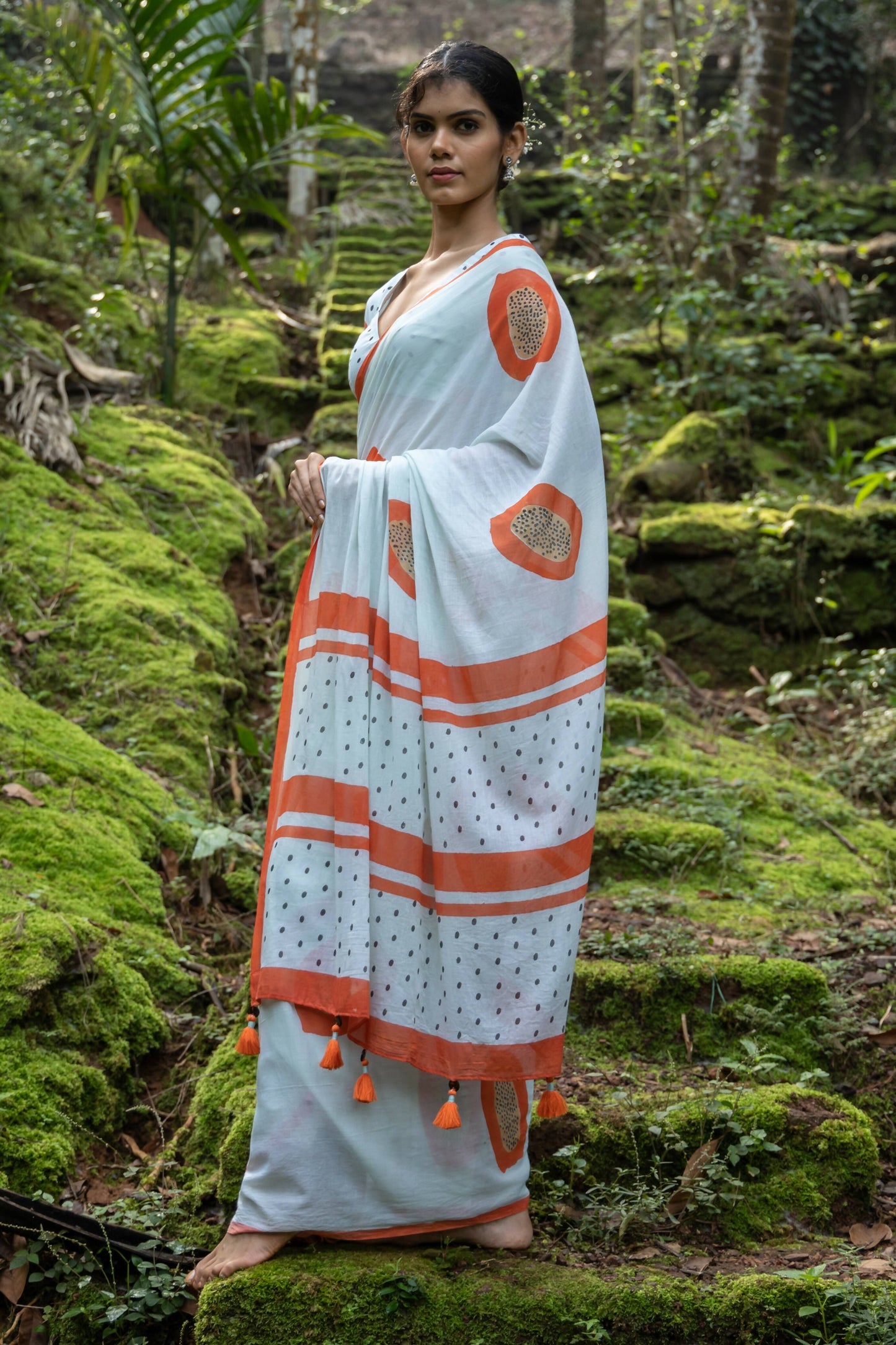 Popai Mul Cotton Orange Printed Saree