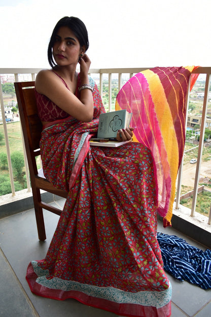 Red Ixora Handblock Print Natural Dyed Linen Cotton Saree