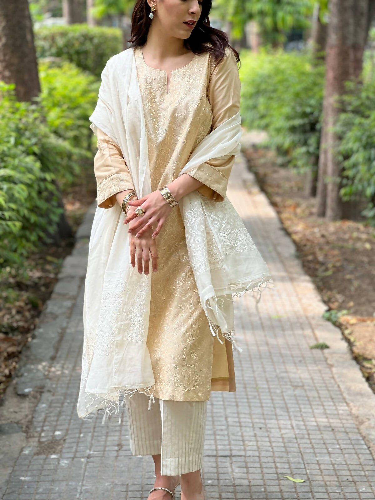 Beige Emroidered Chanderi Kurta Set