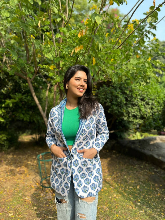 Floral Block Printed Blazer - Blue