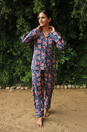 Rangeen Hand Block Printed Cotton Full Jammies Set